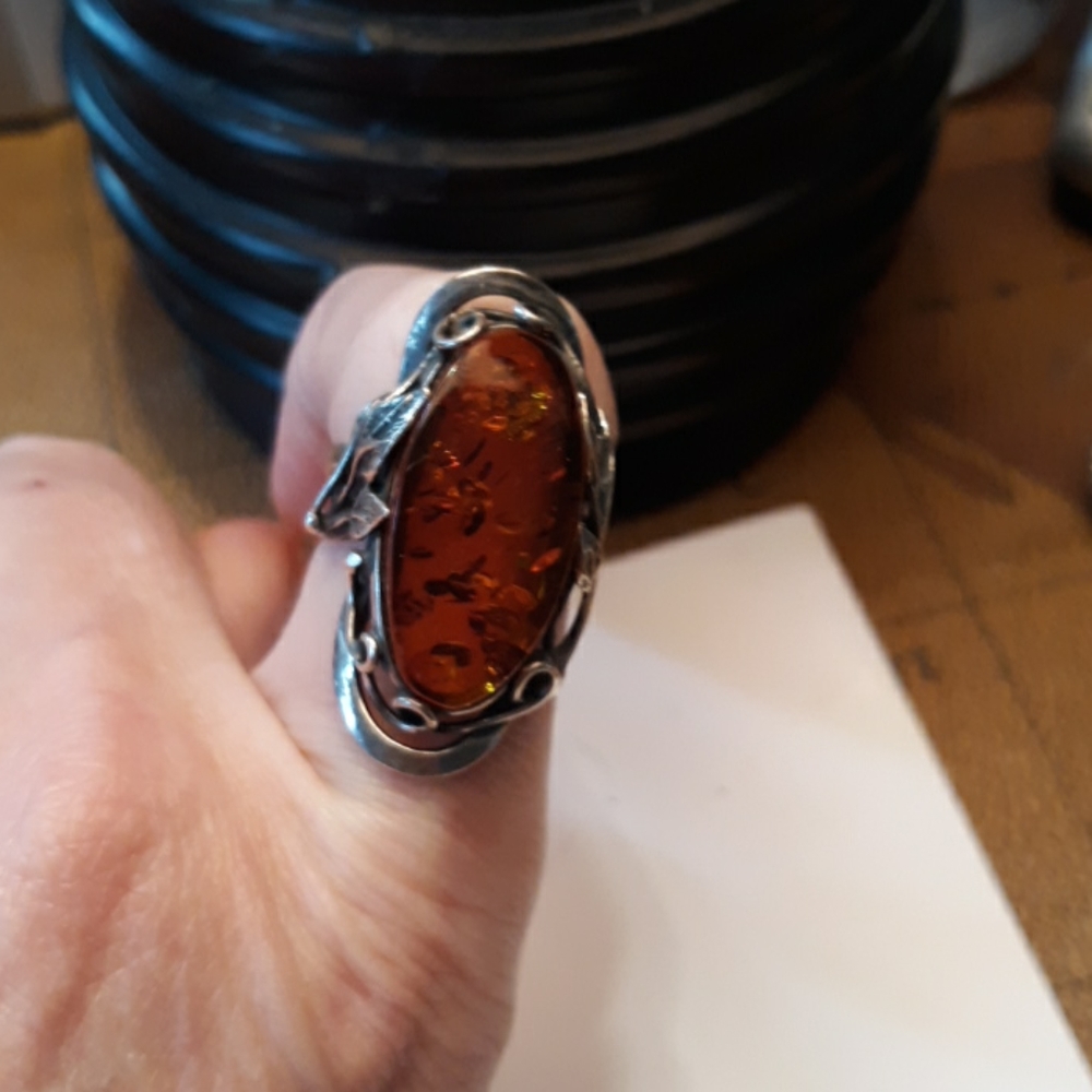 Vintage Amber silver ring rustic 8/9